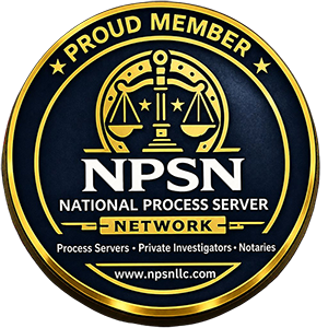 National Process Server Network (NPSN) Proud Member badge — navy and gold coin with scales of justice